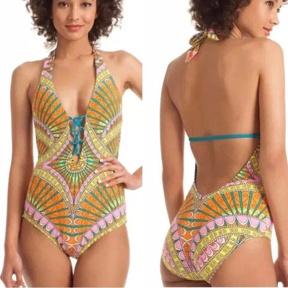 Trina Turk Capri Sherbet Halter Lace Up One Piece Swimsuit Sz 8 - Picture 1 of 8